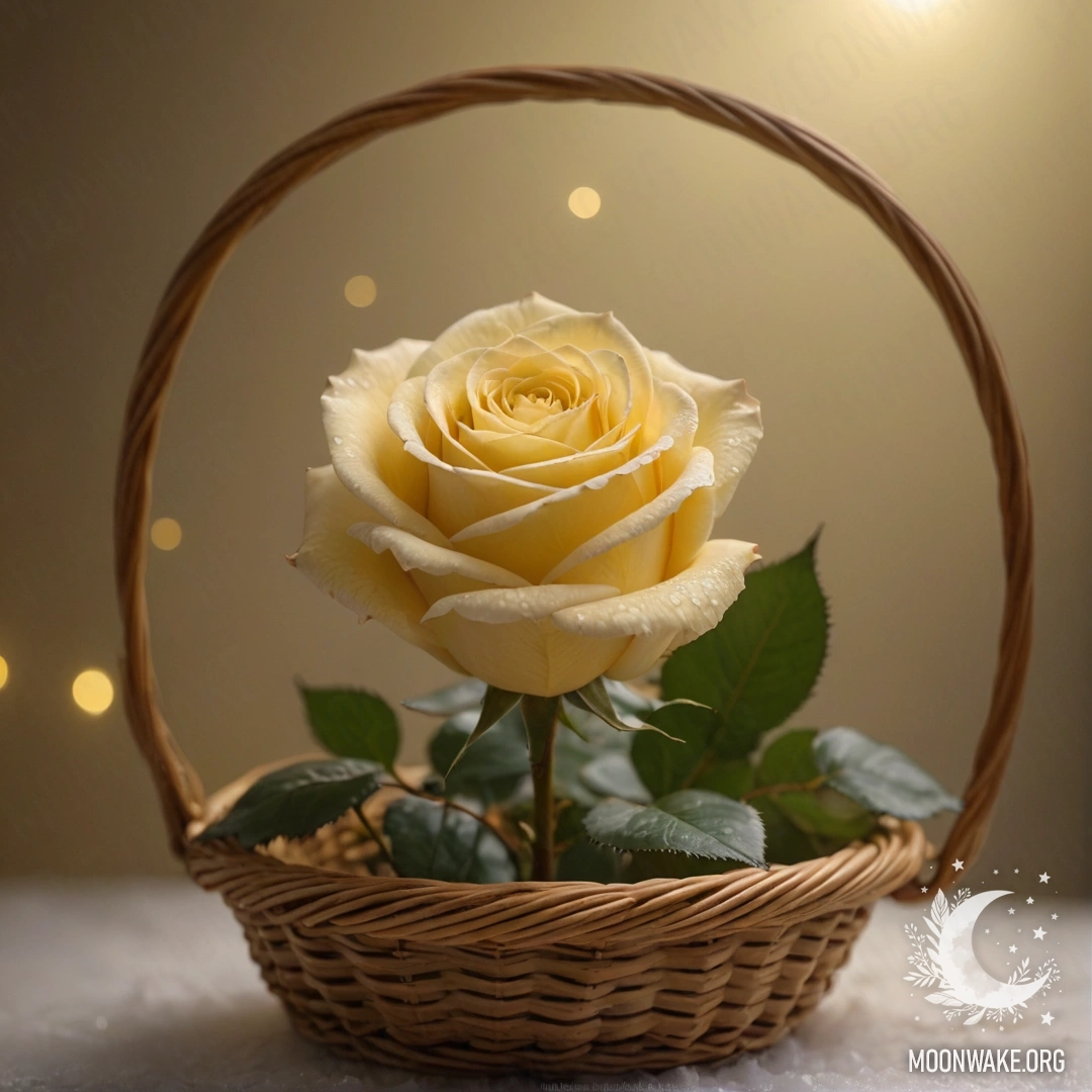 A cream yellow basket containing a rose enveloped in fog at night.