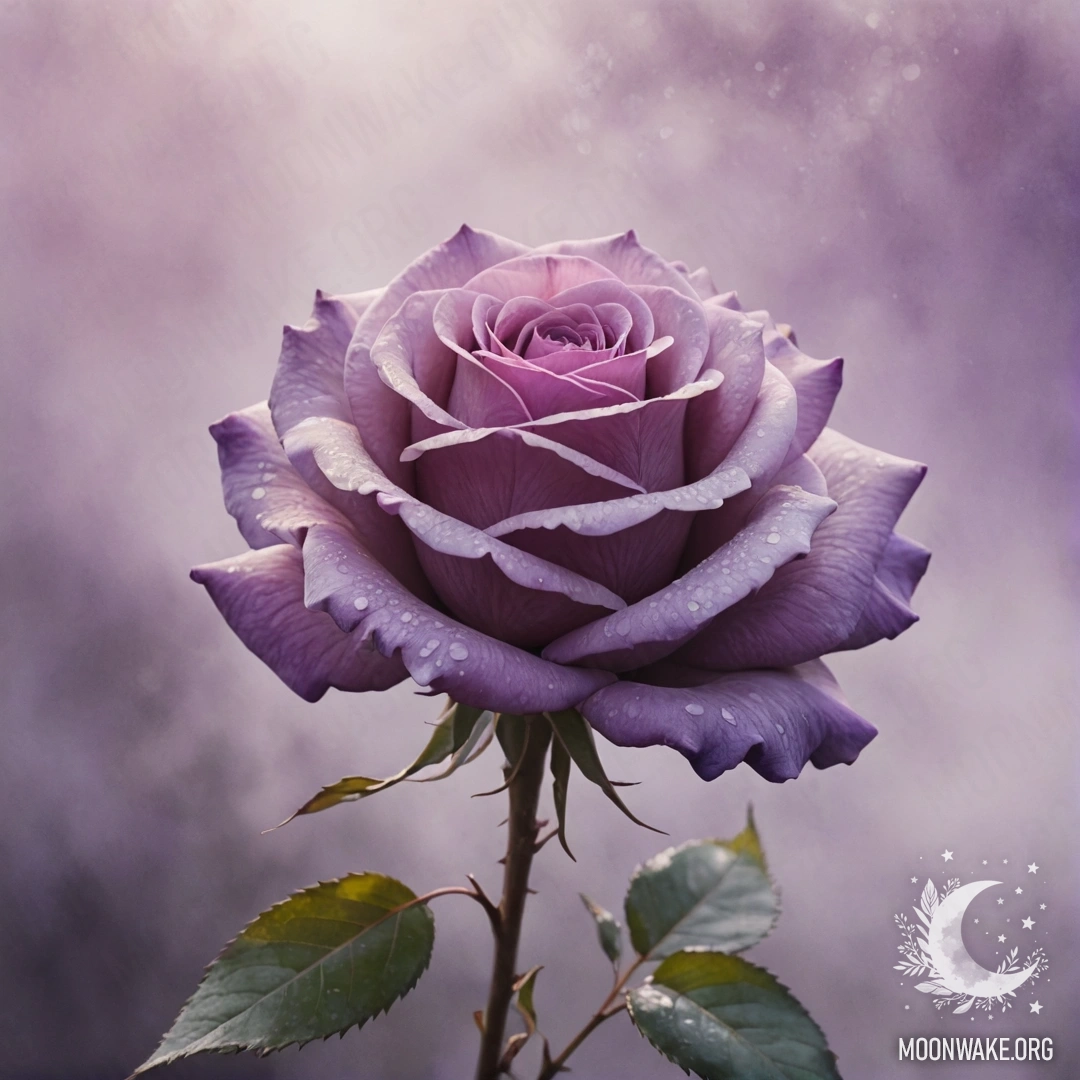 Minimalist Rose in Mist A delicate rose surrounded by mist, with sunlight breaking through a purple ink wash background.