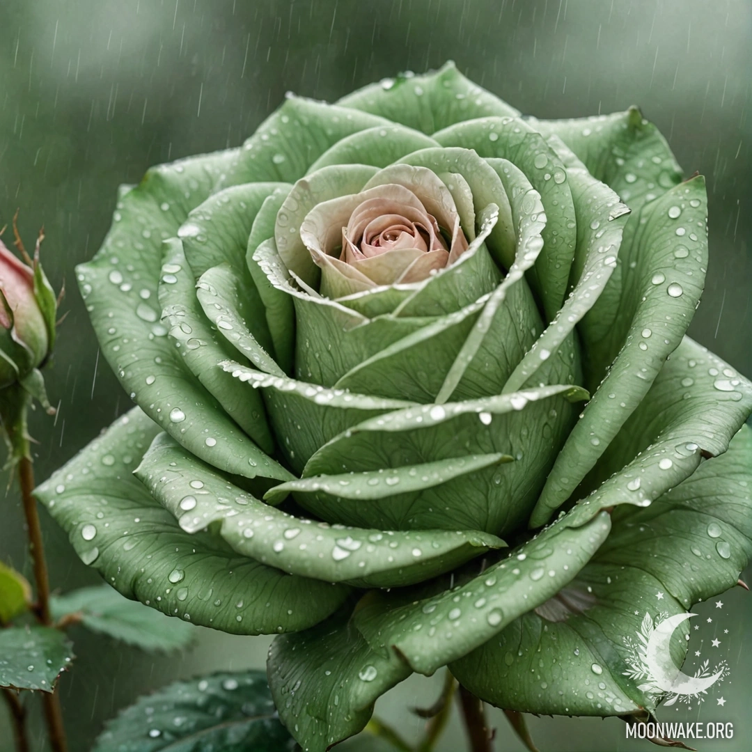 A delicate rose with green watercolor patterns in the rain.