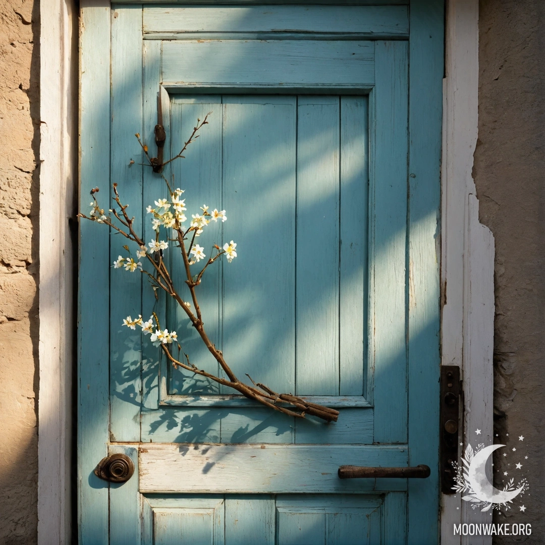 A shabby door adorned with twigs and flowers on the handle, bathed in sunlight.