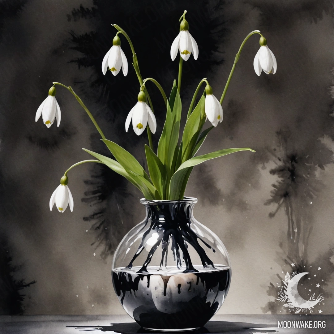 A delicate snowdrop flower in a coffee-colored vase, surrounded by a web at night.