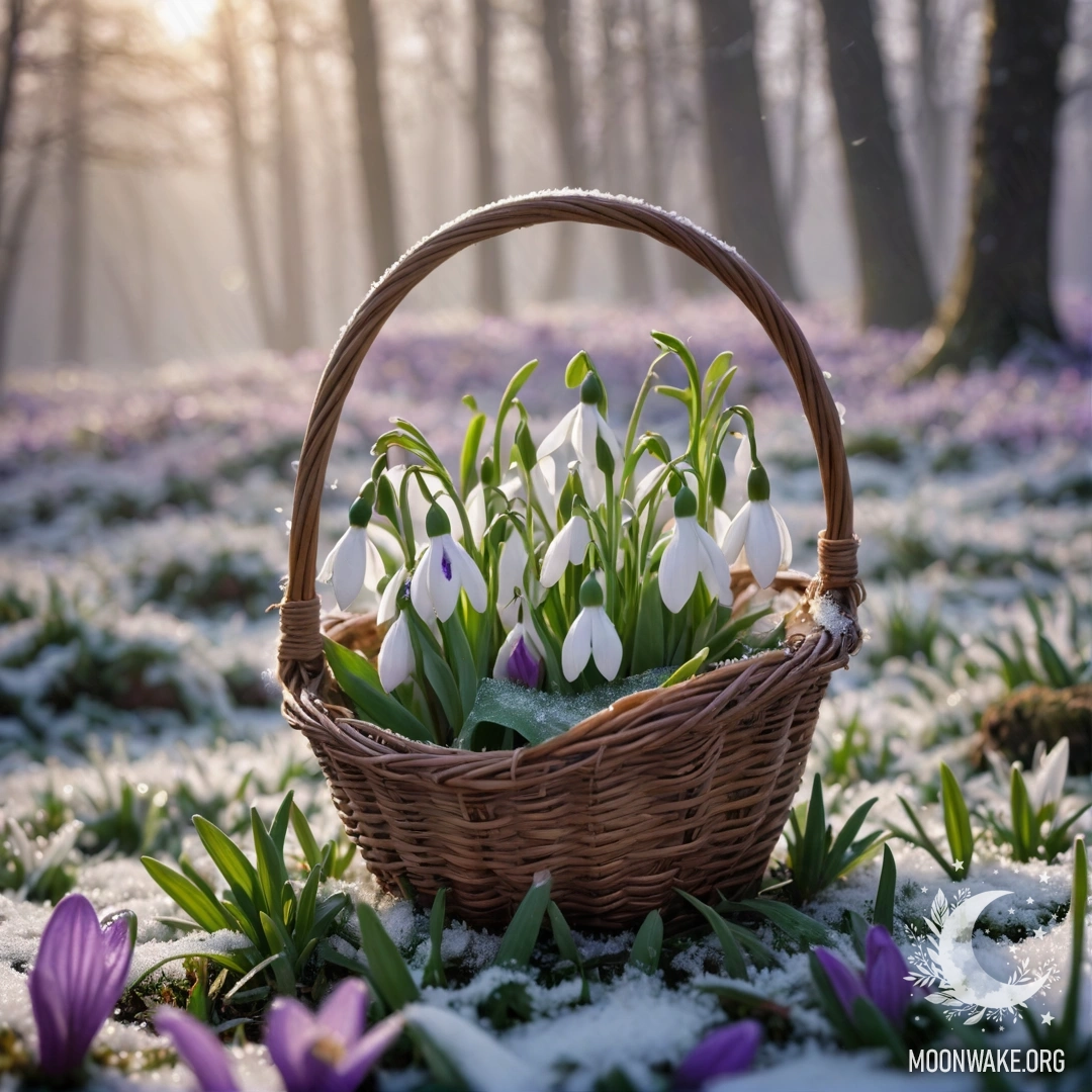 A delicate snowdrop flower in a foggy atmosphere, resting in a purple basket.