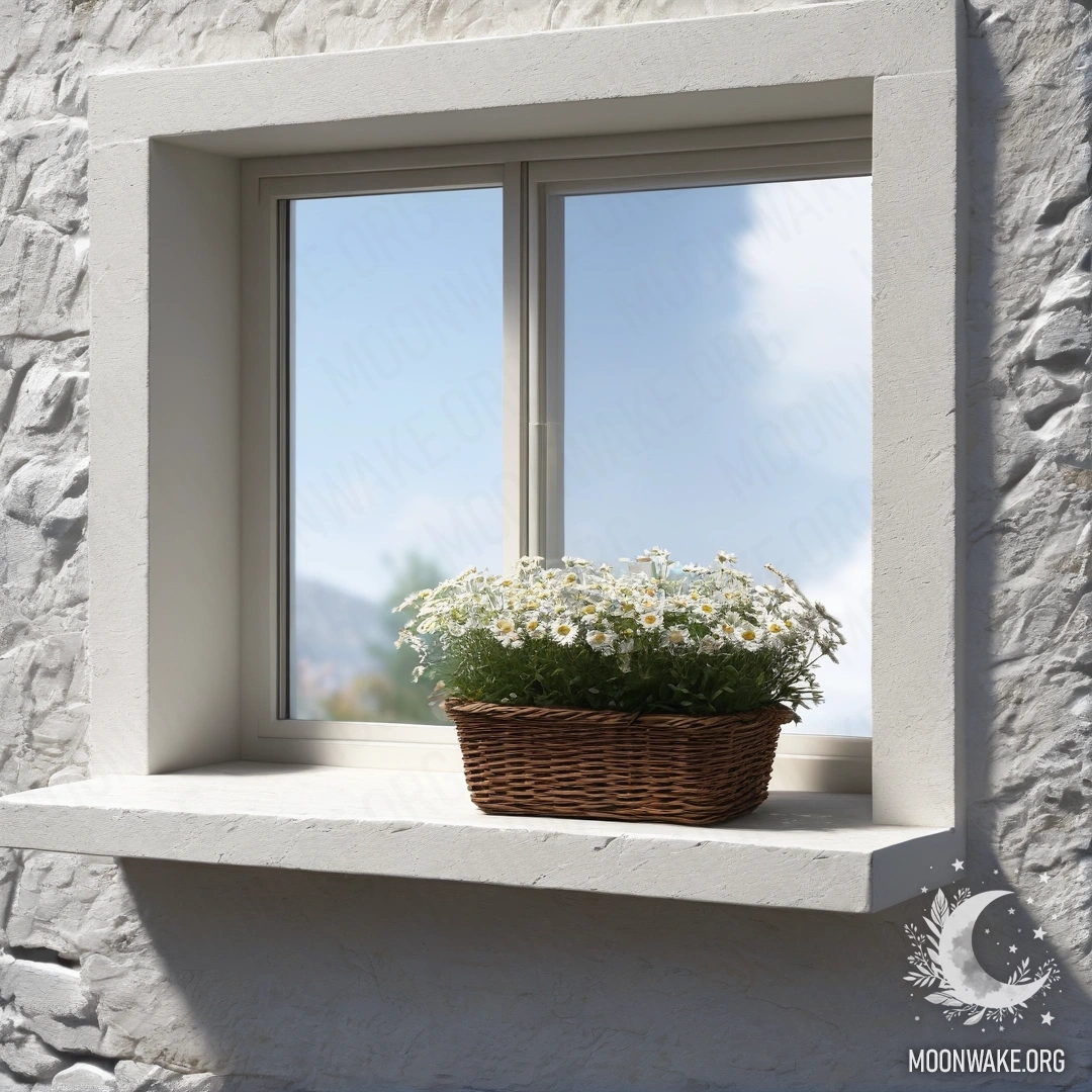 A photorealistic image of a white stone wall with an open window, featuring a basket of daisies on the windowsill.