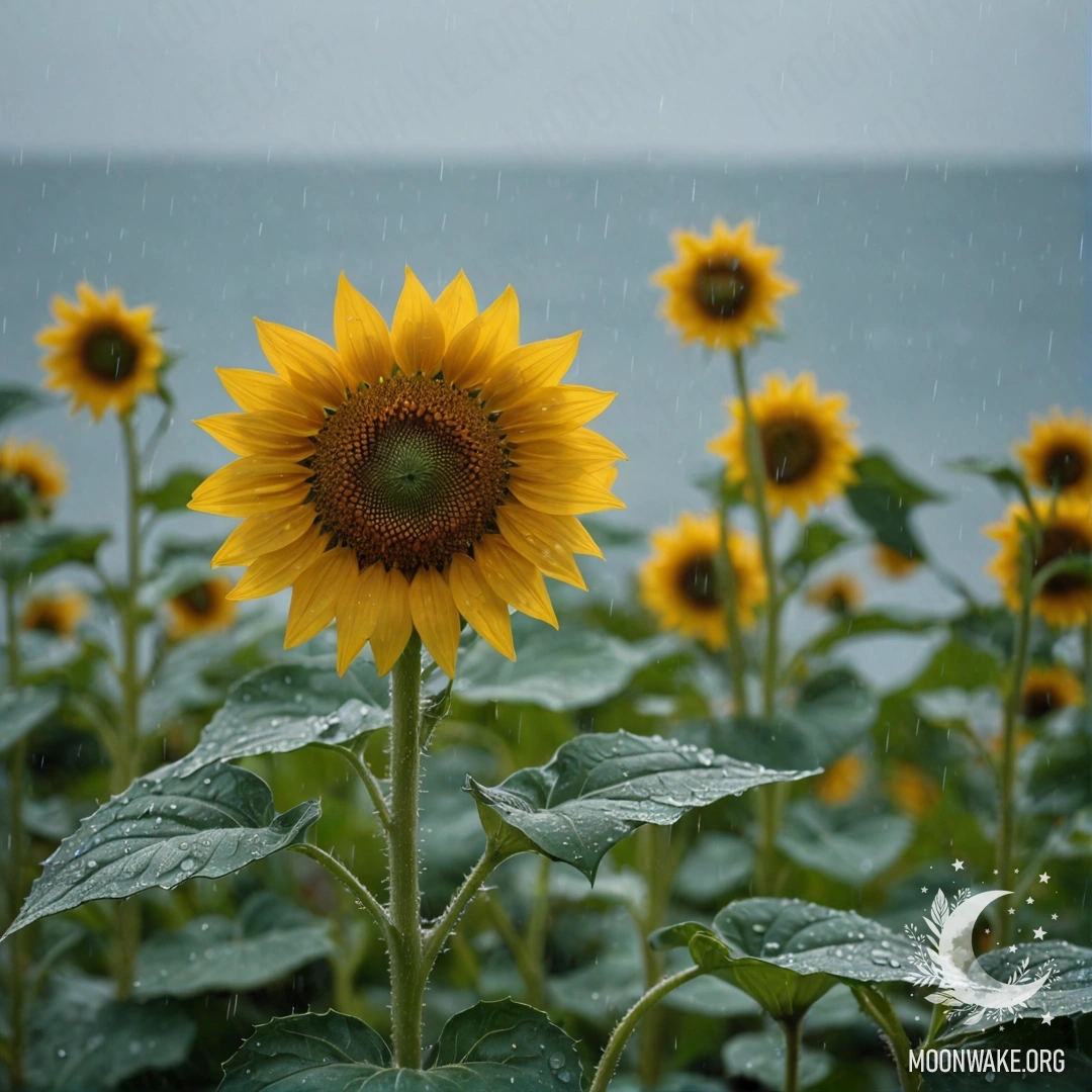 A minimalist composition featuring sunflowers under the rain with sea wave patterns in Art Nouveau style.