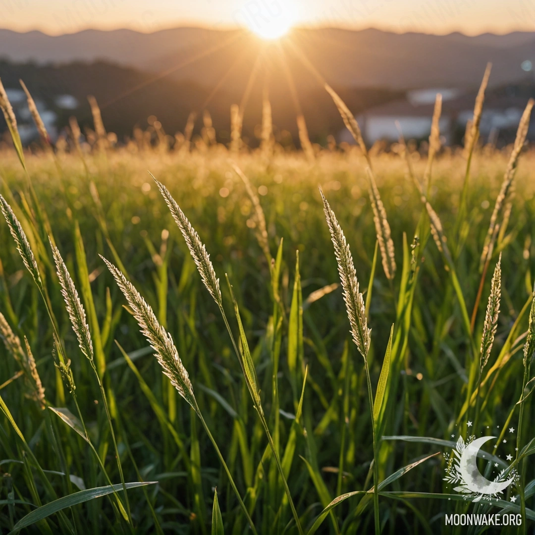 Close-up view of grass in a field against a bokeh sunset.