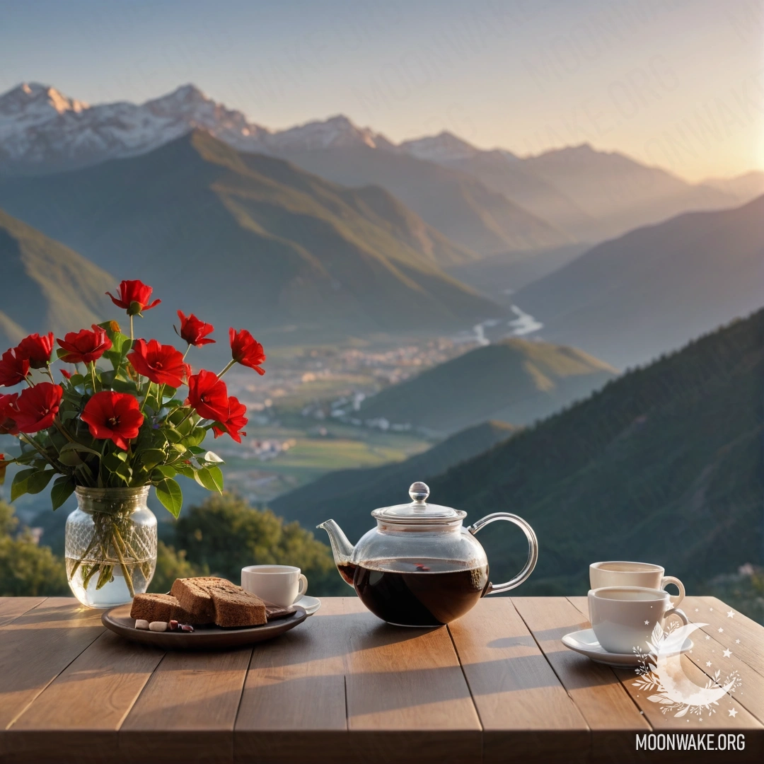 A minimalist wooden table with a jar of red flowers, a coffee pot, and cups against a mountain sunset.