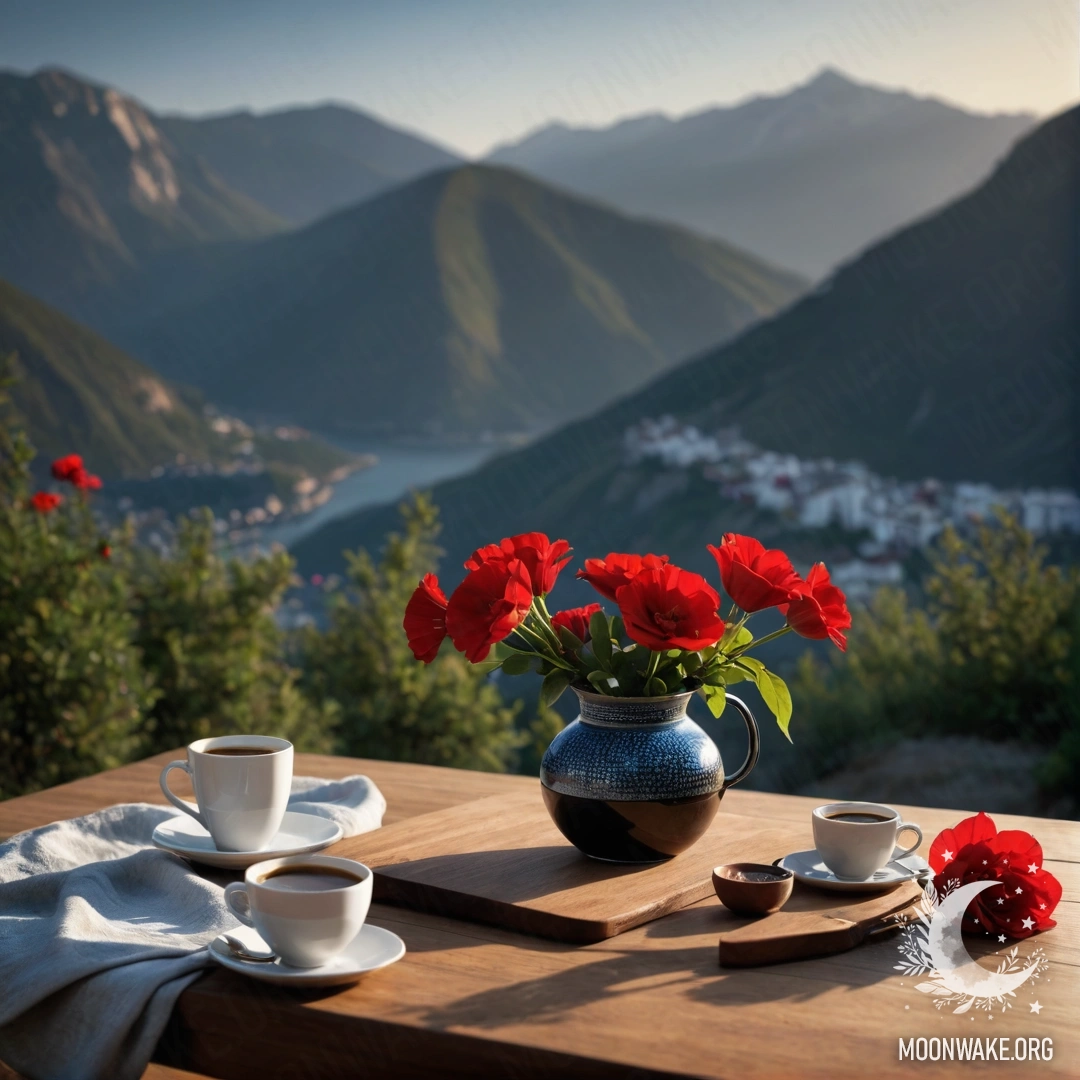 Minimalist Table with Flowers and Mountain View A wooden table with red flowers, a coffee pot, and cups against a night sky with mountains in the background.
