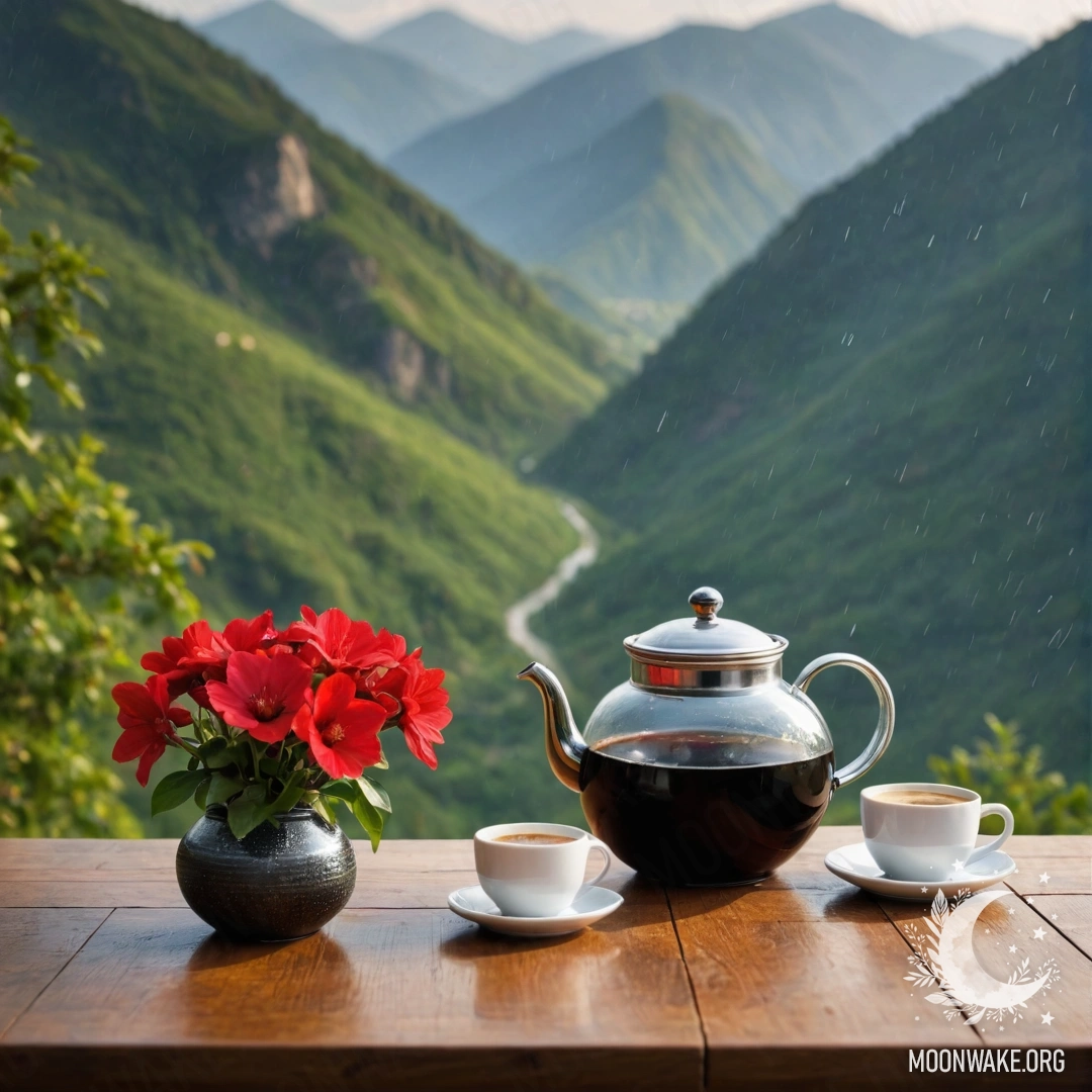A wooden table with a jar of red flowers, a coffee pot, and cups, set against a rainy mountain backdrop.