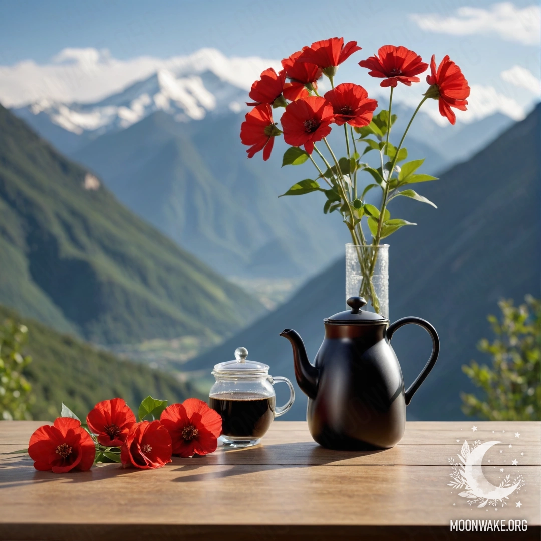 Minimalist Table with Flowers in Mountain Landscape A wooden table set against mountainous scenery, featuring a jar of red flowers and a coffee pot with cups.