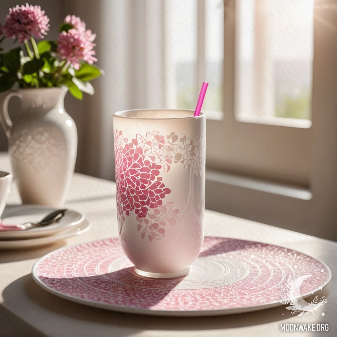 Minimalist Table Setting with Porcelain Cups A minimalist table setting featuring round straw napkin, white porcelain cups with pink patterns, and a white vase with a clover under sun rays.