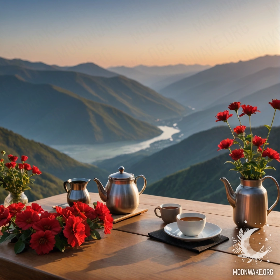 A minimalist wooden table with a jar of red flowers, a coffee pot, and cups, set against a mountain backdrop at sunset.