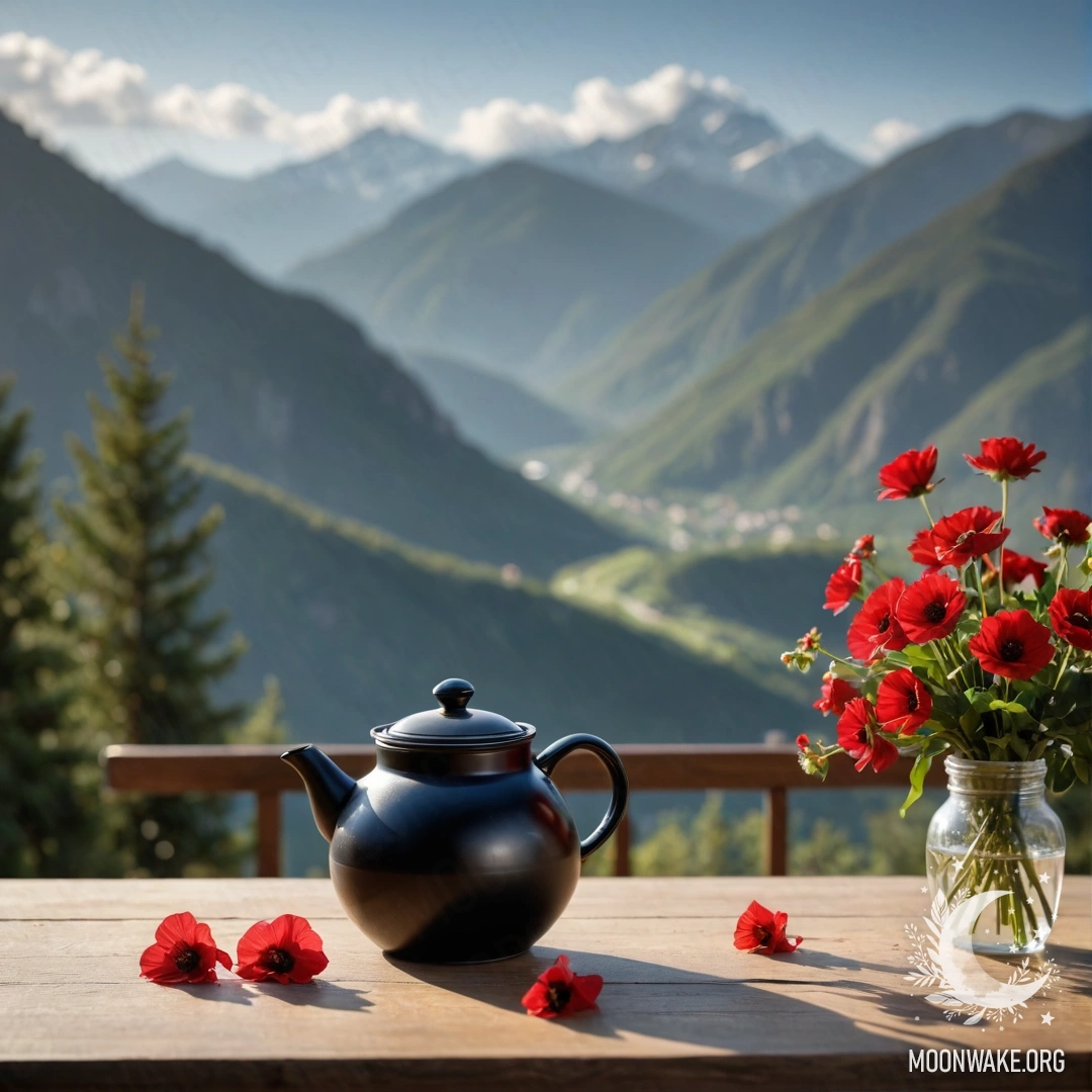 A wooden table set against majestic mountains, featuring a jar with red flowers, a coffee pot, and cups adorned with sparkling lights.