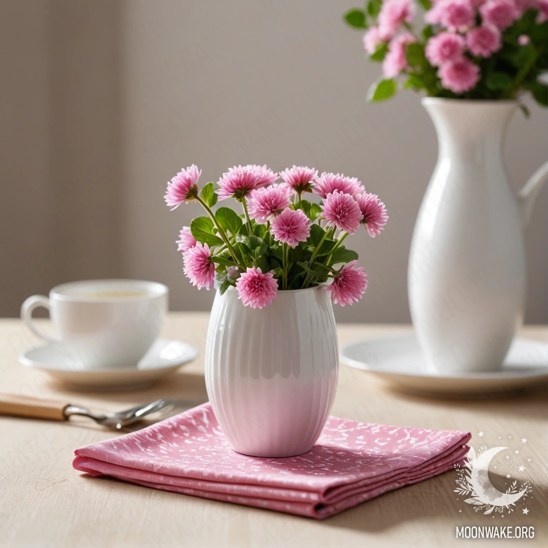 A round straw napkin with white porcelain cups and a clover in a vase, illuminated by a garland light.
