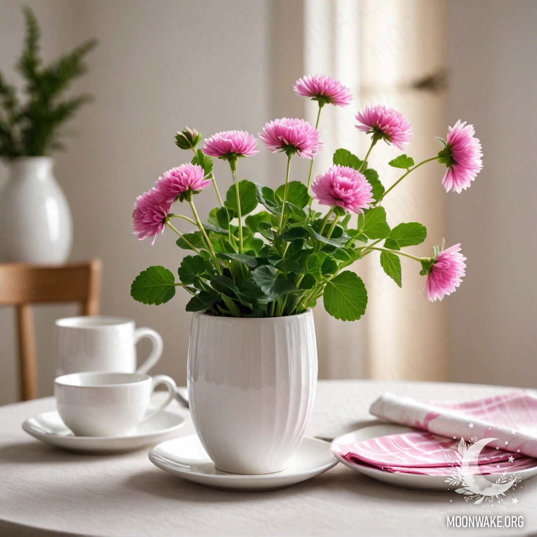 A minimalist arrangement featuring a round straw napkin, white porcelain cups with a pink pattern, and a clover in a white vase illuminated by sun rays.
