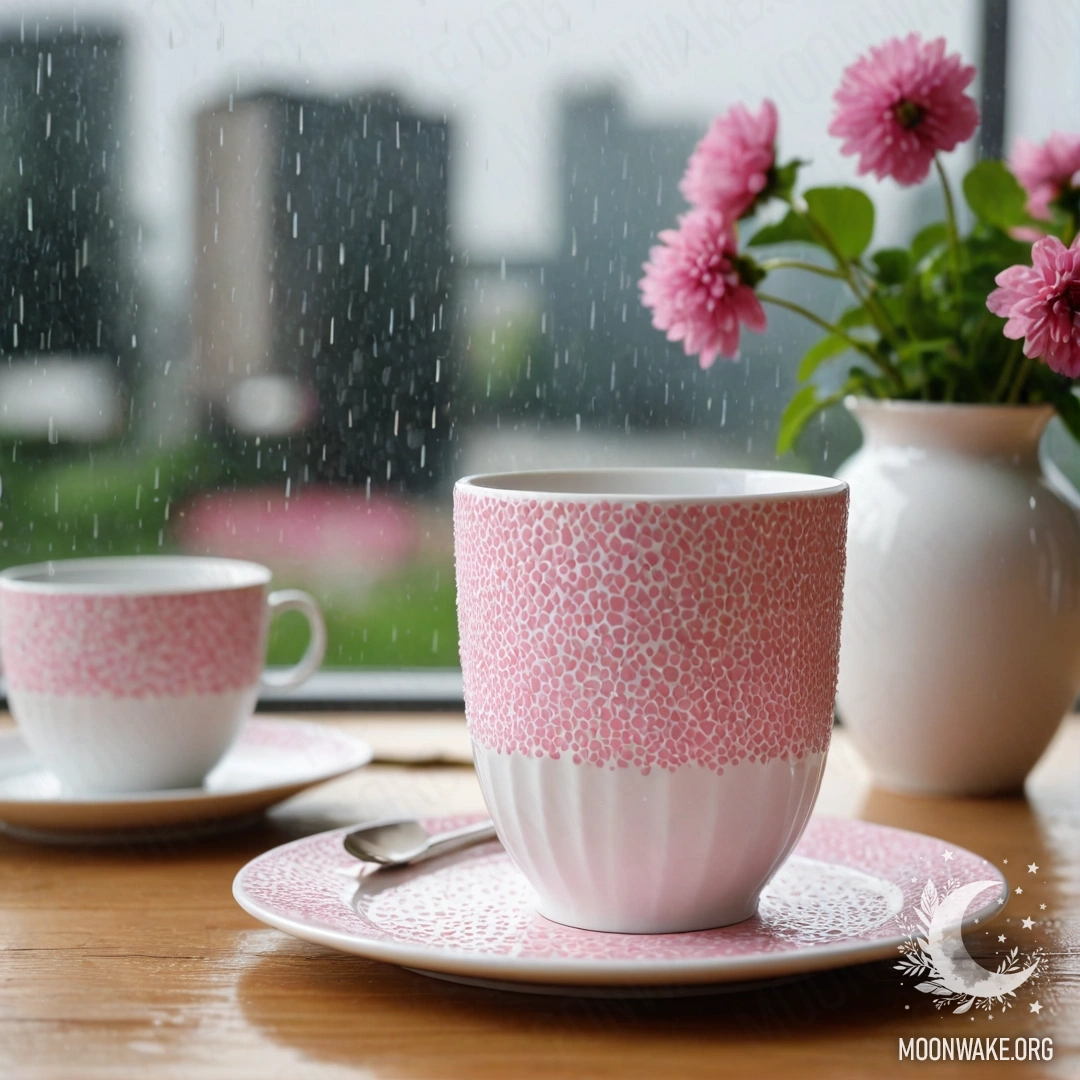 Minimalist Tea Setting with Porcelain Cups A round straw napkin with porcelain cups having a pink pattern and a clover in a vase, set against a rainy backdrop.