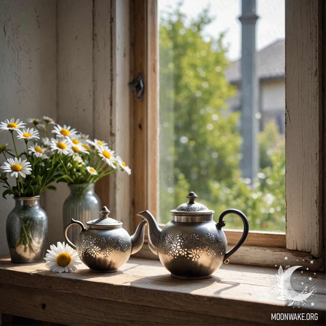 Minimalist Teapot on a Wooden Window Sill A metal teapot with patterns placed on a shabby wooden window sill, surrounded by daisies.