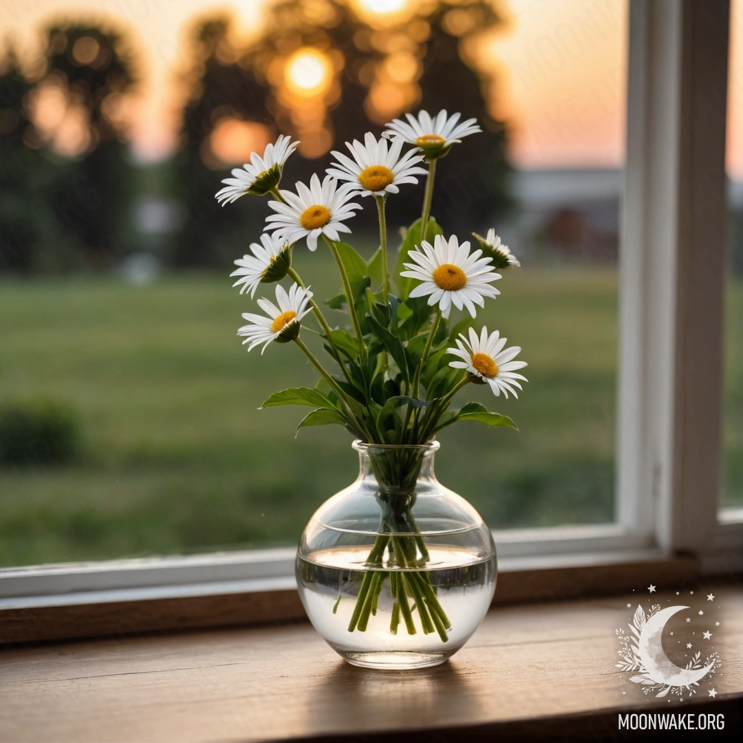 A glass vase filled with daisies on a wooden vintage windowsill at sunset.