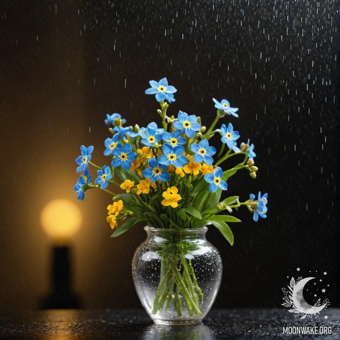 A yellow vase containing forget-me-nots, illuminated by night rain.