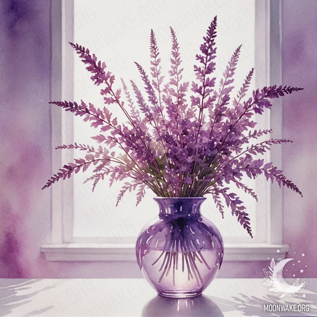 Minimalist Violet in Mist A minimalist vase with pink flowers surrounded by violet mist and sunny rays.