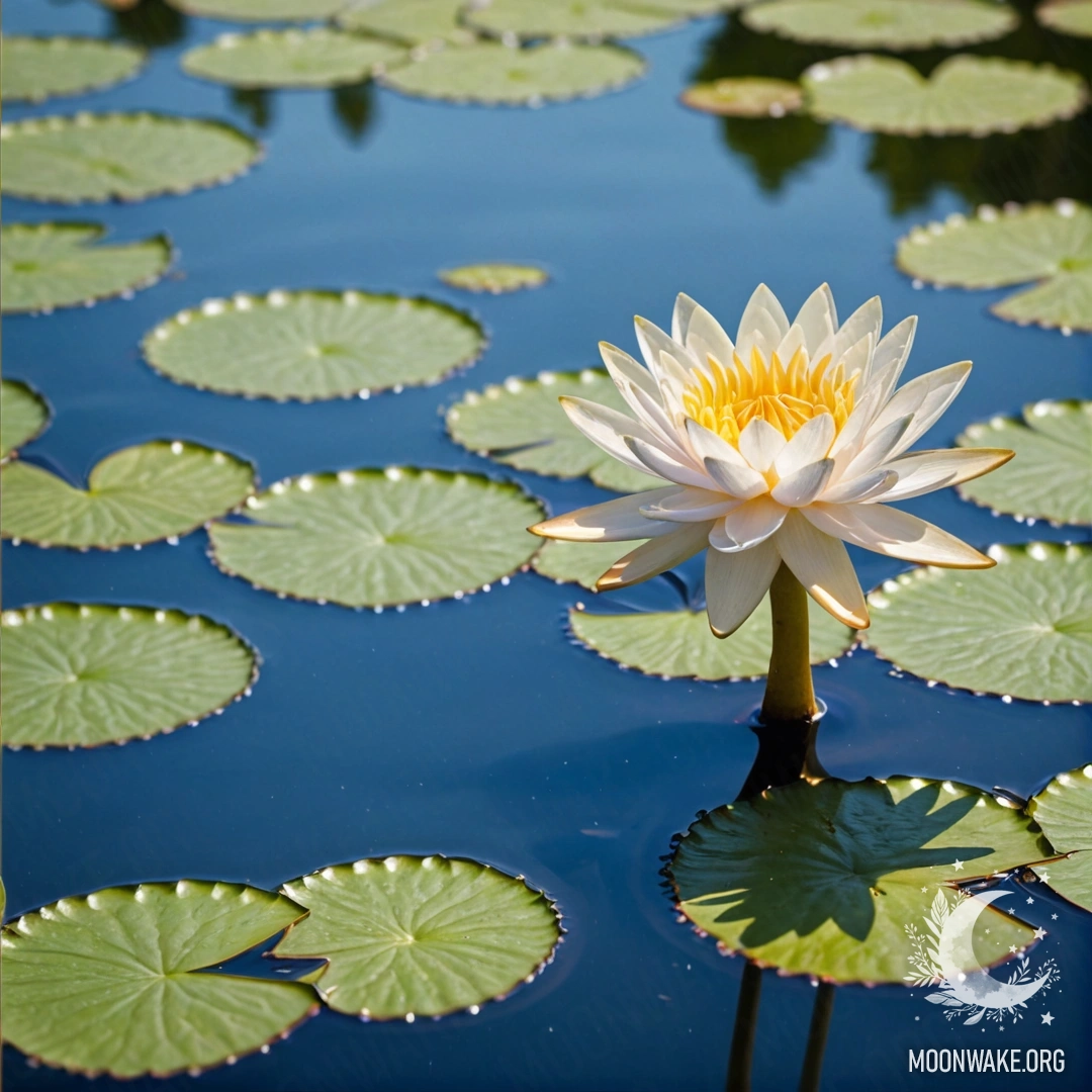A minimalist depiction of a water lily with a web, bathed in sunny rays, placed in a blue basket.