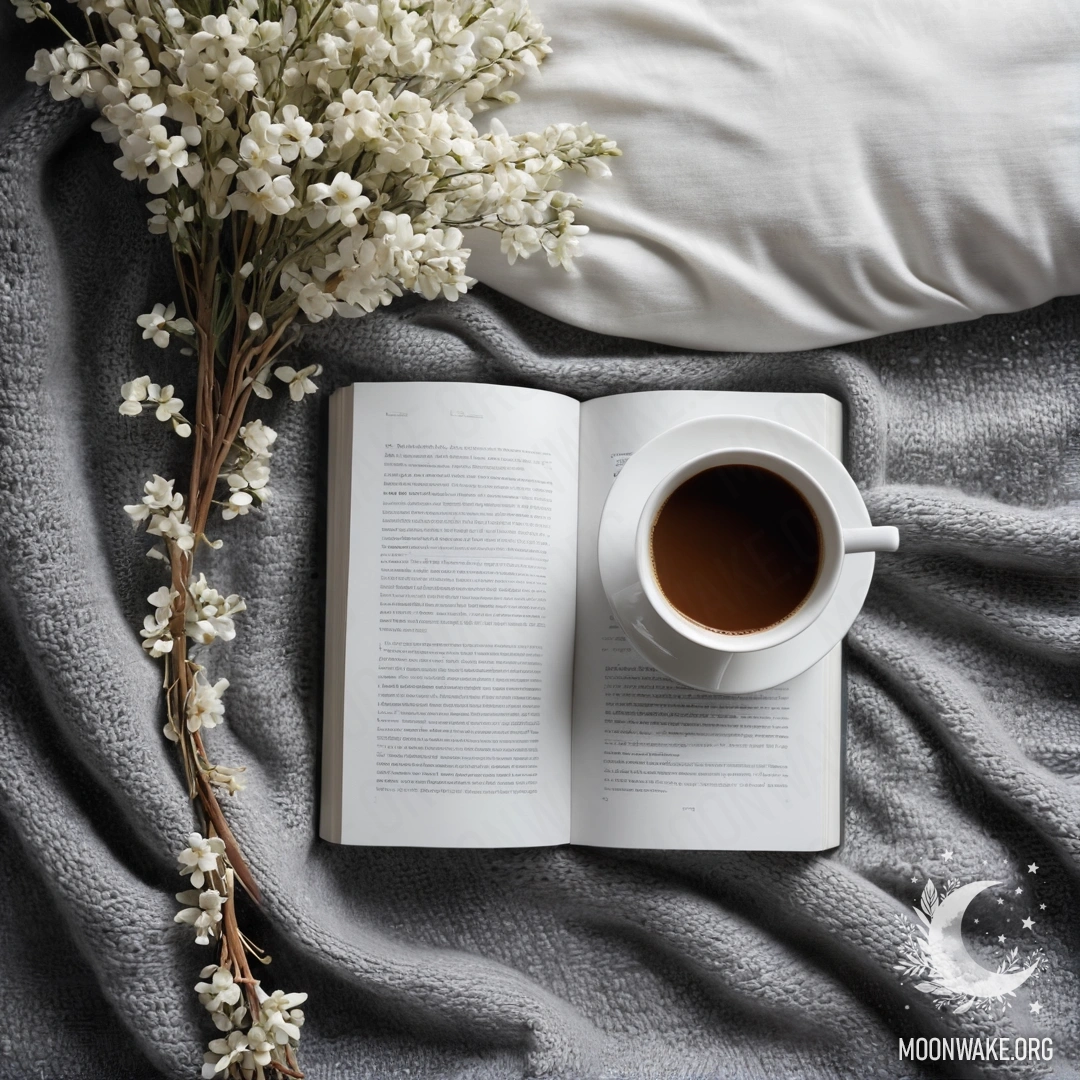 A close-up of a white chair adorned with a gray knitted blanket, a book, a branch with white flowers, and a white cup of coffee with soft garland lights.