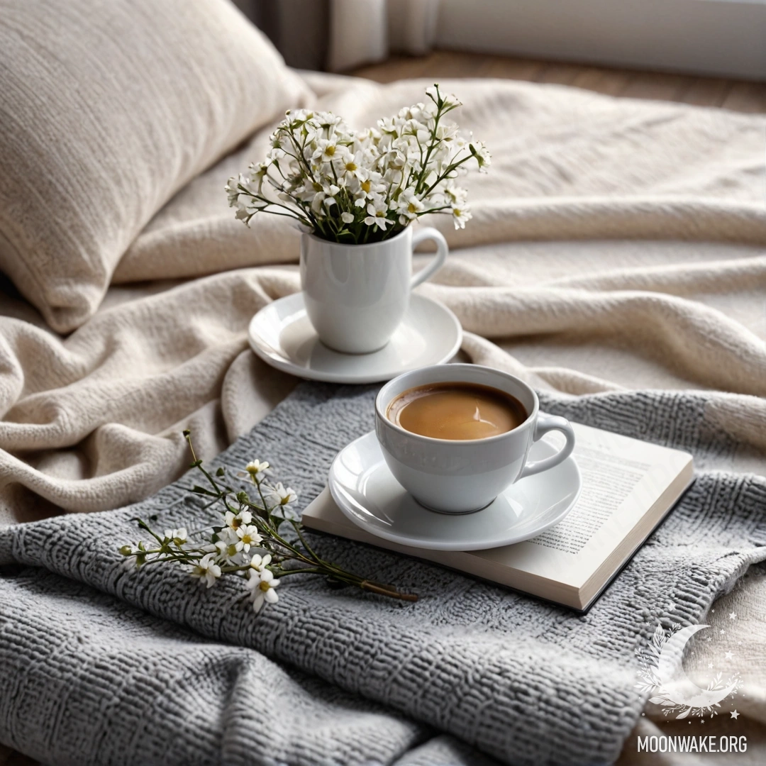 Minimalist White Chair with Cozy Elements A close-up of a white chair adorned with a gray knitted blanket, a book, a branch of white flowers, and a white cup of coffee, captured during sunset.