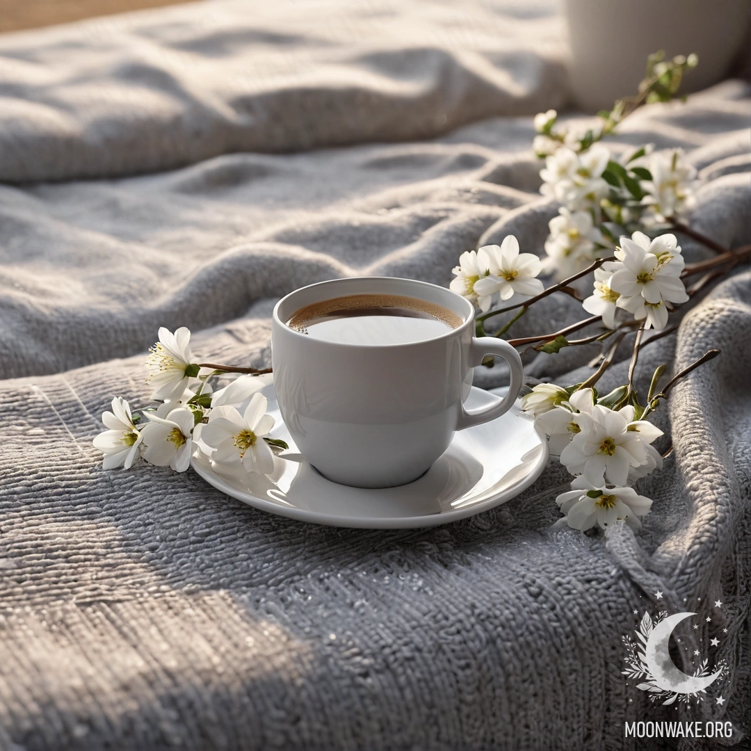 A close-up of a minimalist white chair adorned with a gray knitted blanket, a book, a branch with white flowers, and a white cup of coffee during sunset.