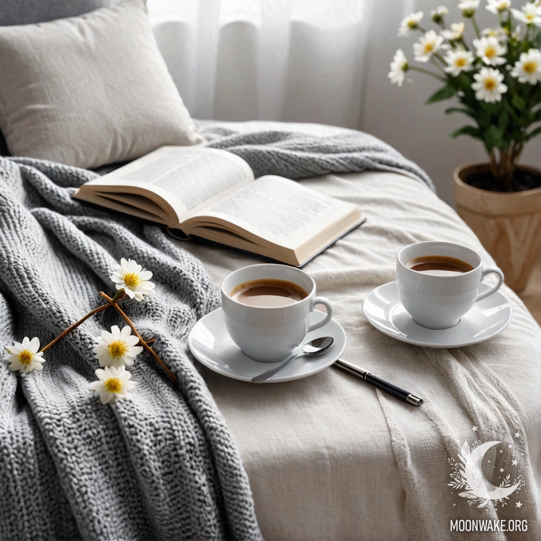 Minimalist White Chair with Cozy Elements A close-up of a minimalist white chair adorned with a gray knitted blanket, a book, branches with white flowers, and a white cup of coffee, illuminated by sun rays.