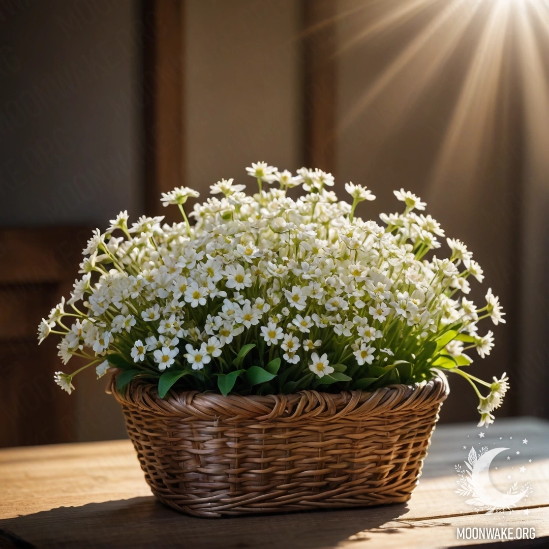A basket filled with small white flowers on a wooden table.