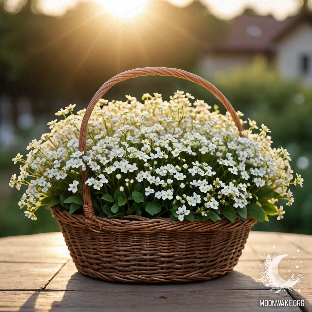 A photorealistic basket filled with small white flowers on a wooden table during sunset, illuminated by sunrays.