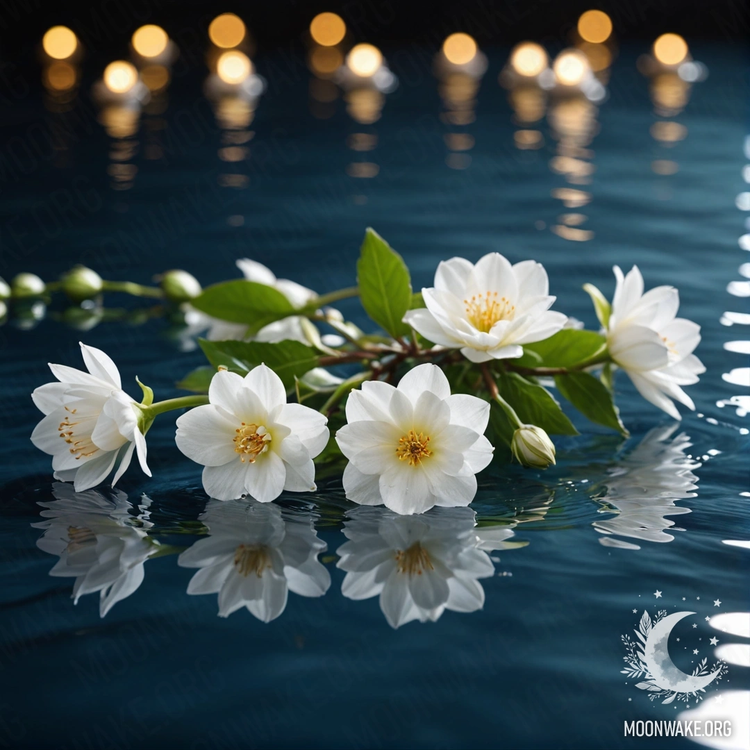 A serene composition of white flowers floating on a water surface, adorned with delicate garland lights.
