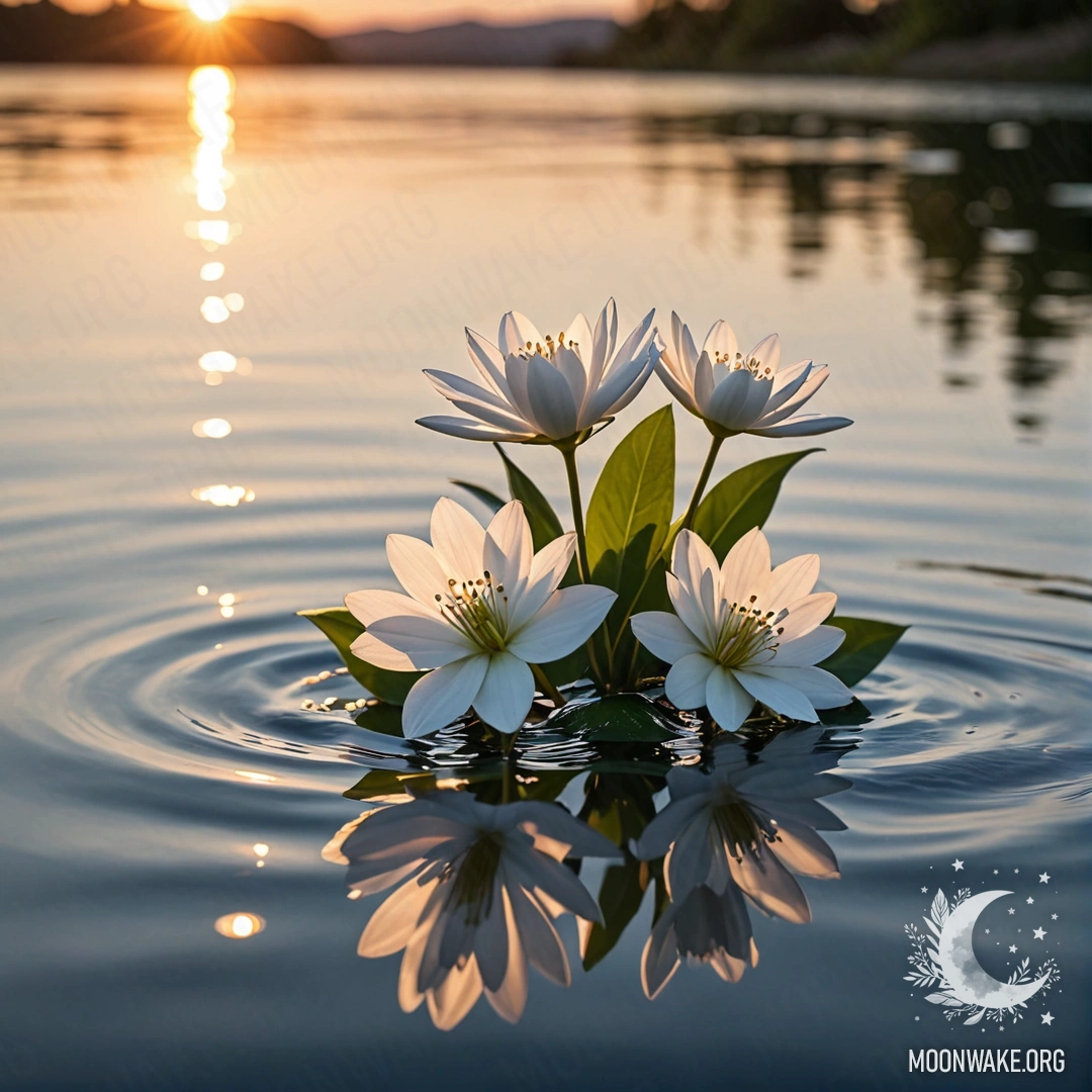 A serene scene of white flowers floating gently on the water's surface during sunset.