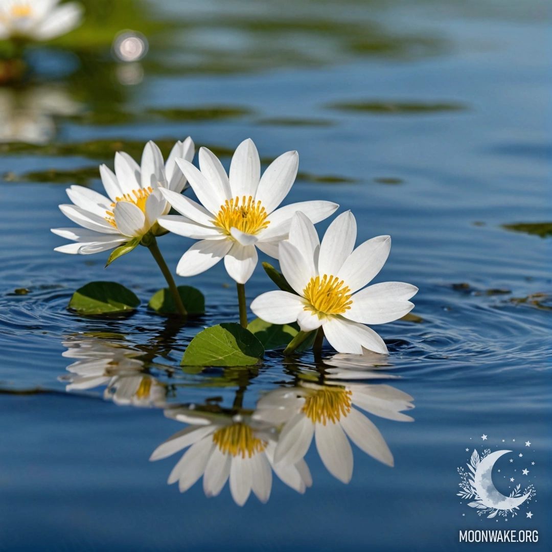 A serene image of delicate white flowers floating on a calm water surface.