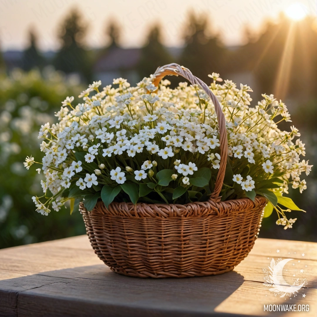 A delicate basket filled with small white flowers illuminated by the sunset.