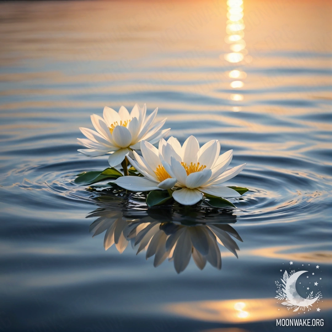 A serene view of white flowers gently resting on a water surface during sunset.