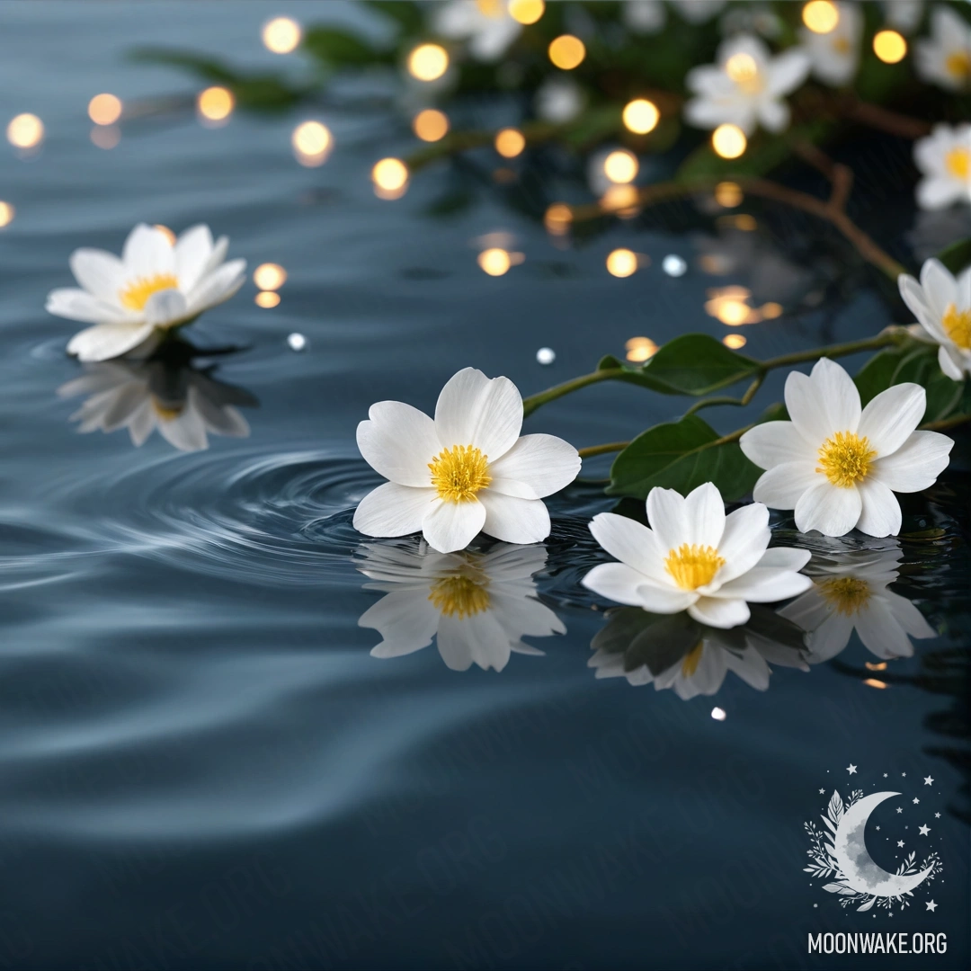 A serene composition of white flowers floating on still water, adorned with glowing garland lights.