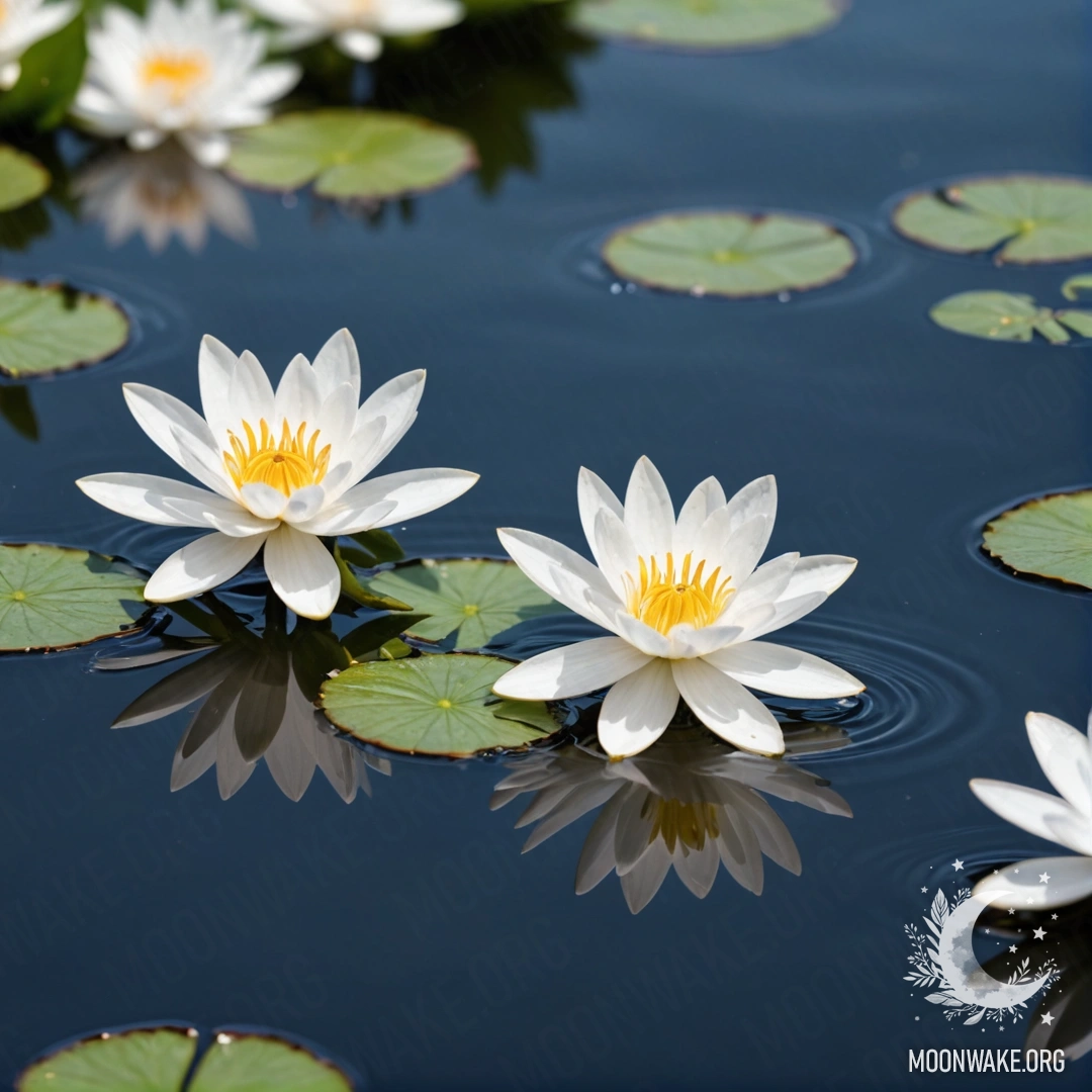 A serene scene of white flowers floating gently on a calm water surface.