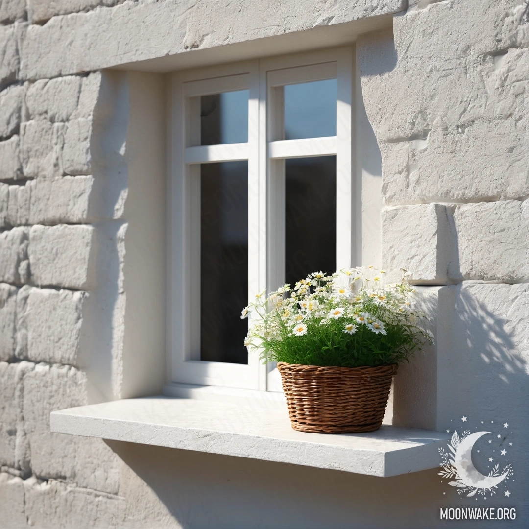 A minimalist interior scene featuring a white stone wall, an open window, and a basket of daisies on the windowsill.