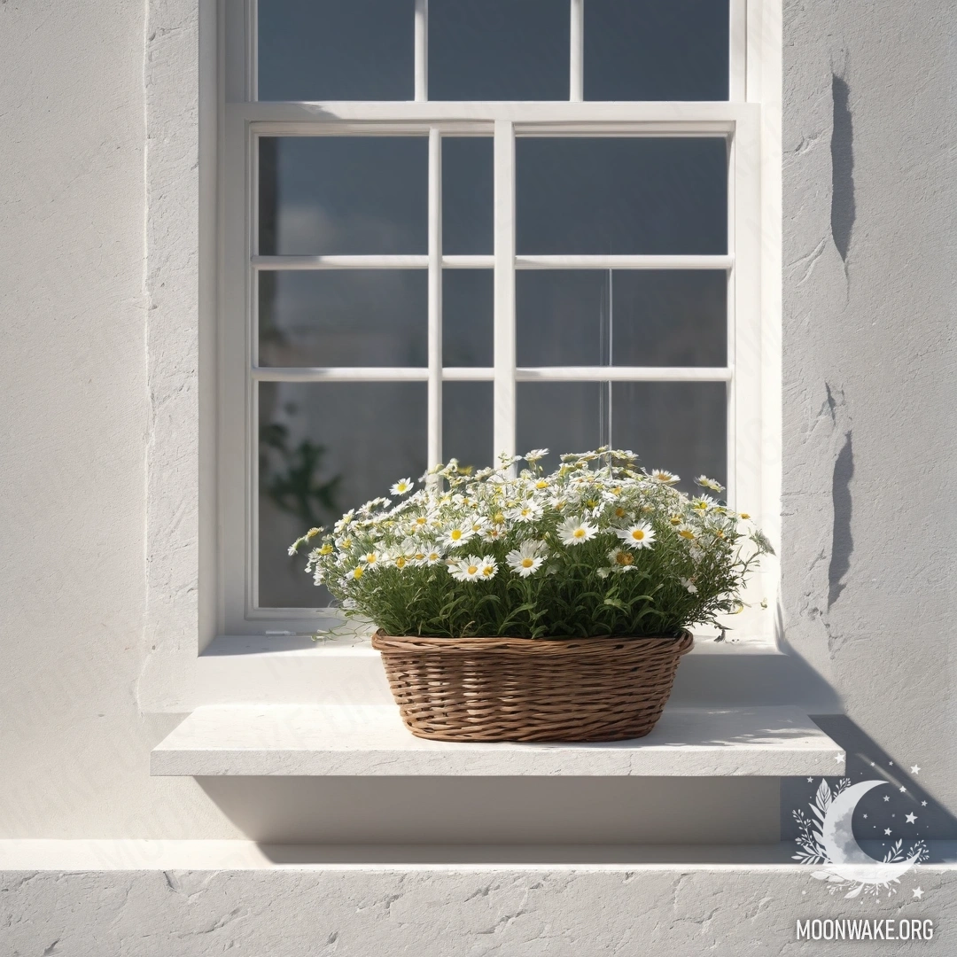 A minimalist white stone wall with an open window and a basket of daisies on the windowsill.