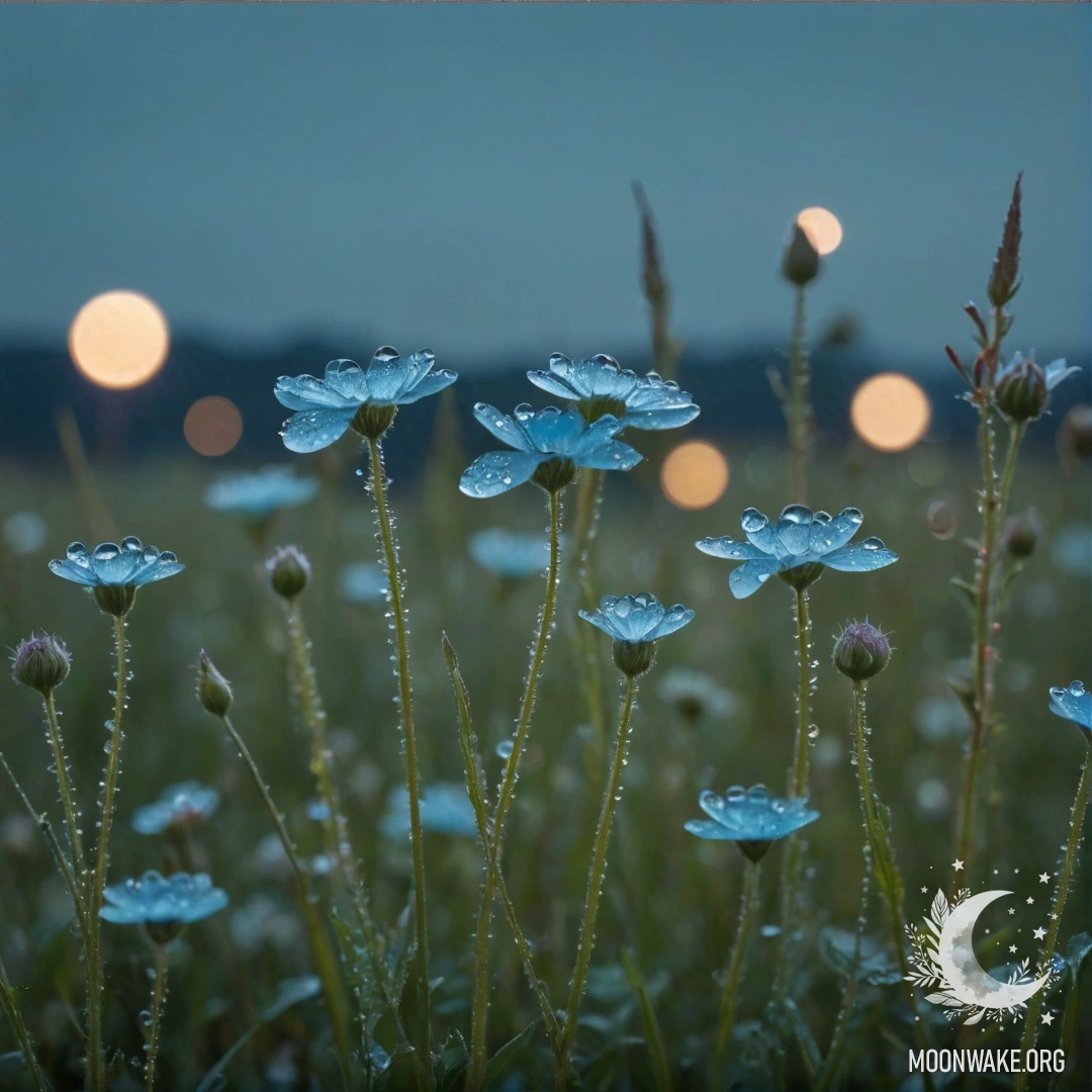 Minimalist Wildflowers at Night with Dew A serene depiction of sky-blue wildflowers adorned with dew drops, set against a night backdrop with subtle rhinestones.