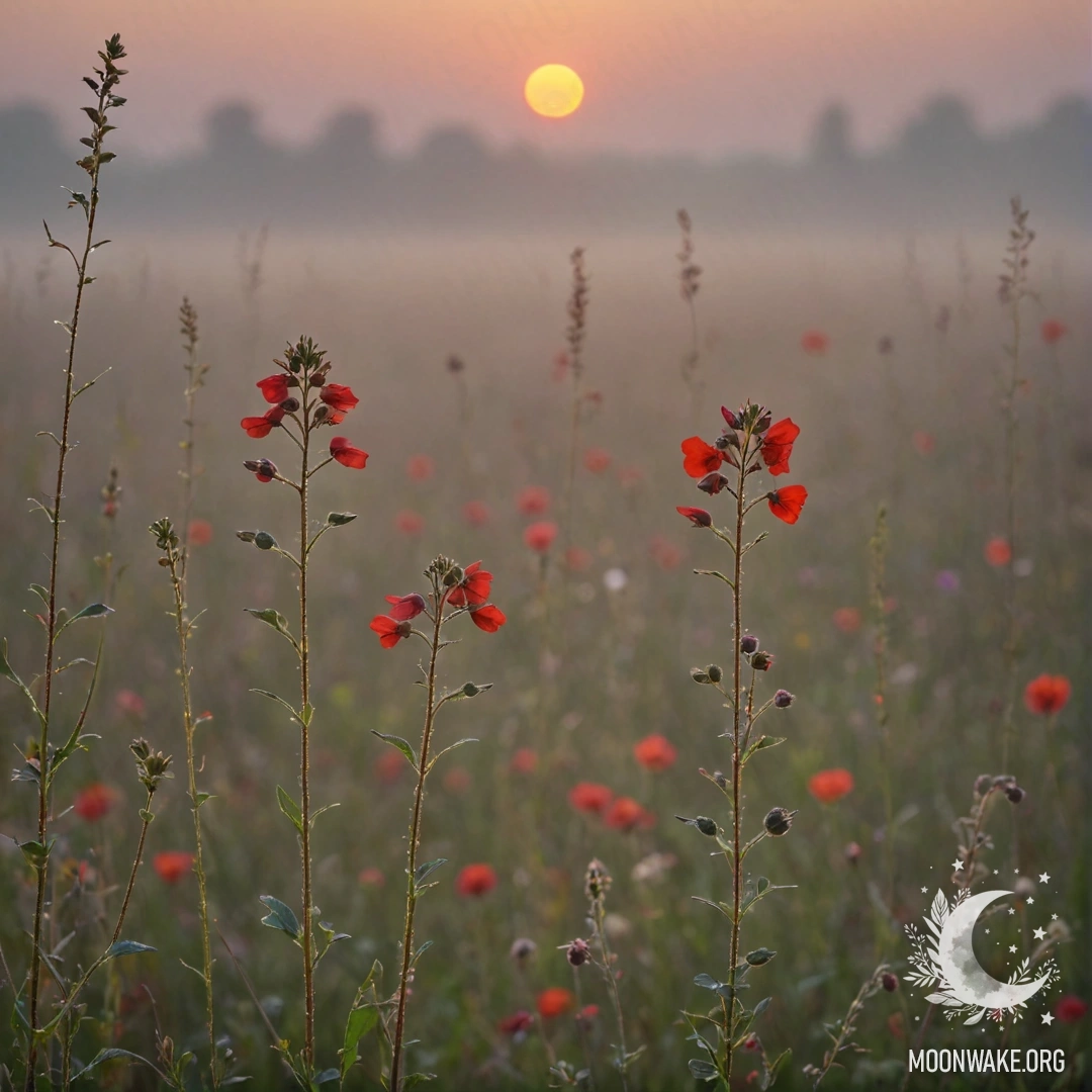Minimalist Wildflowers in Fog at Sunset A serene scene of wildflowers in fog, illuminated by the sunset, with red sequins sparkling in the gentle light.
