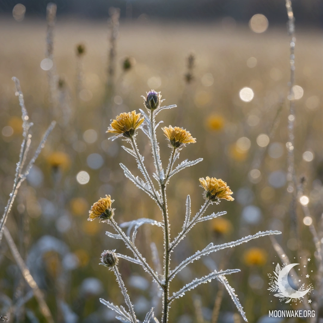 A close-up of wildflowers covered with frost and golden sequins.