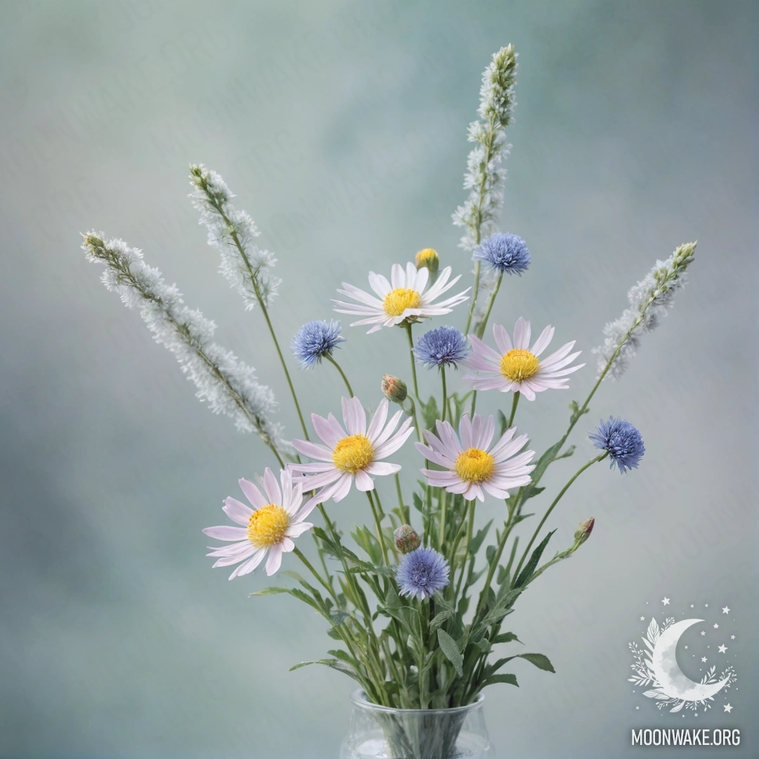 Minimalist Frozen Wildflower Bouquet A bouquet of wildflowers covered in frost, showcasing pastel colors.