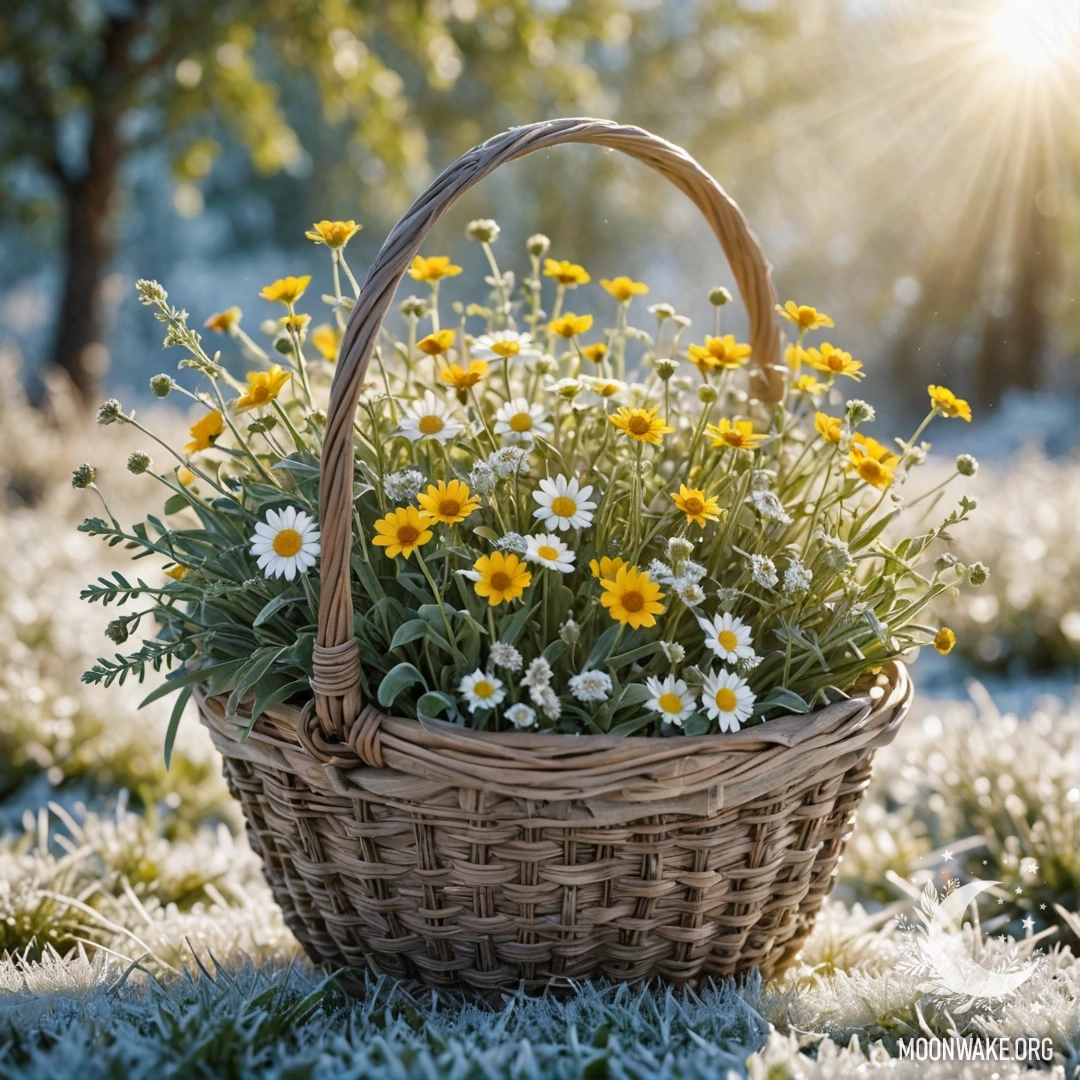 A basket filled with wildflowers covered in frost, surrounded by sunlight