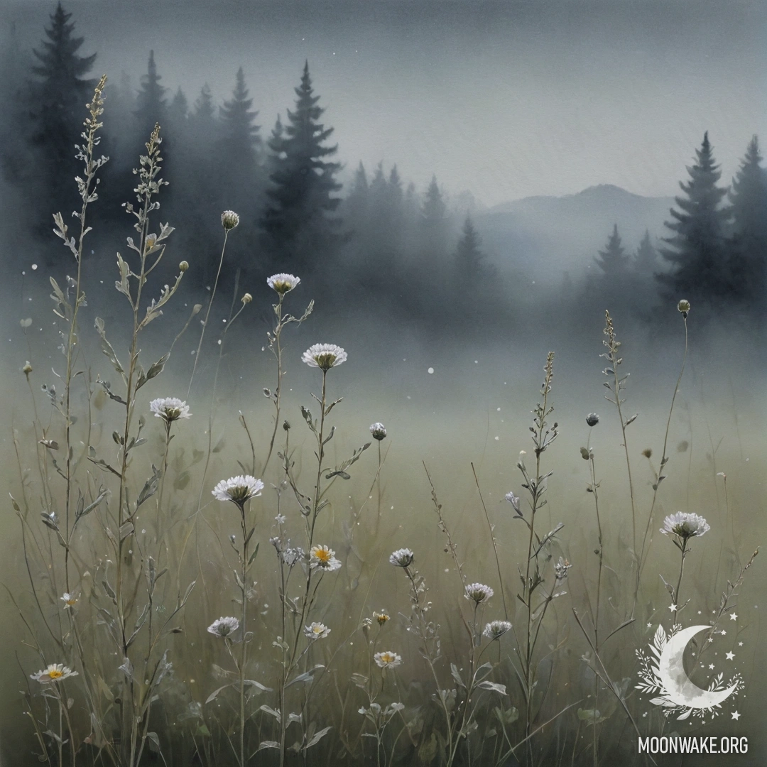 Minimalist Wildflowers in Misty Night A serene depiction of wildflowers in a misty night scene with rhinestones.