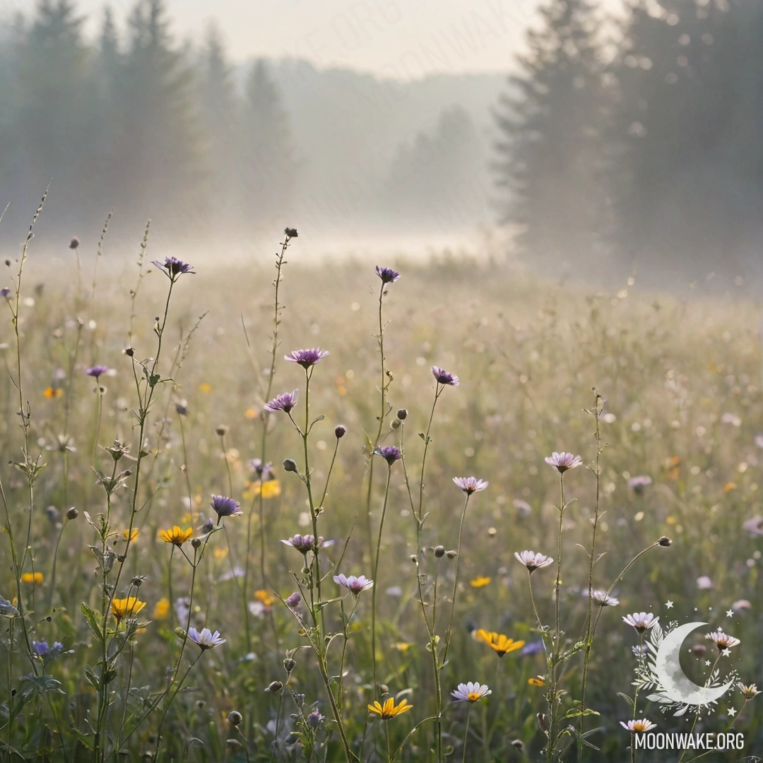 A serene scene of wildflowers in soft pastels surrounded by mist and sunlight.