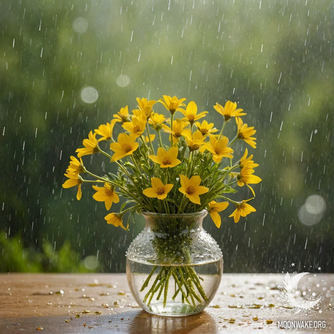 A vase filled with yellow wildflowers gathered under rain with sunny rays.