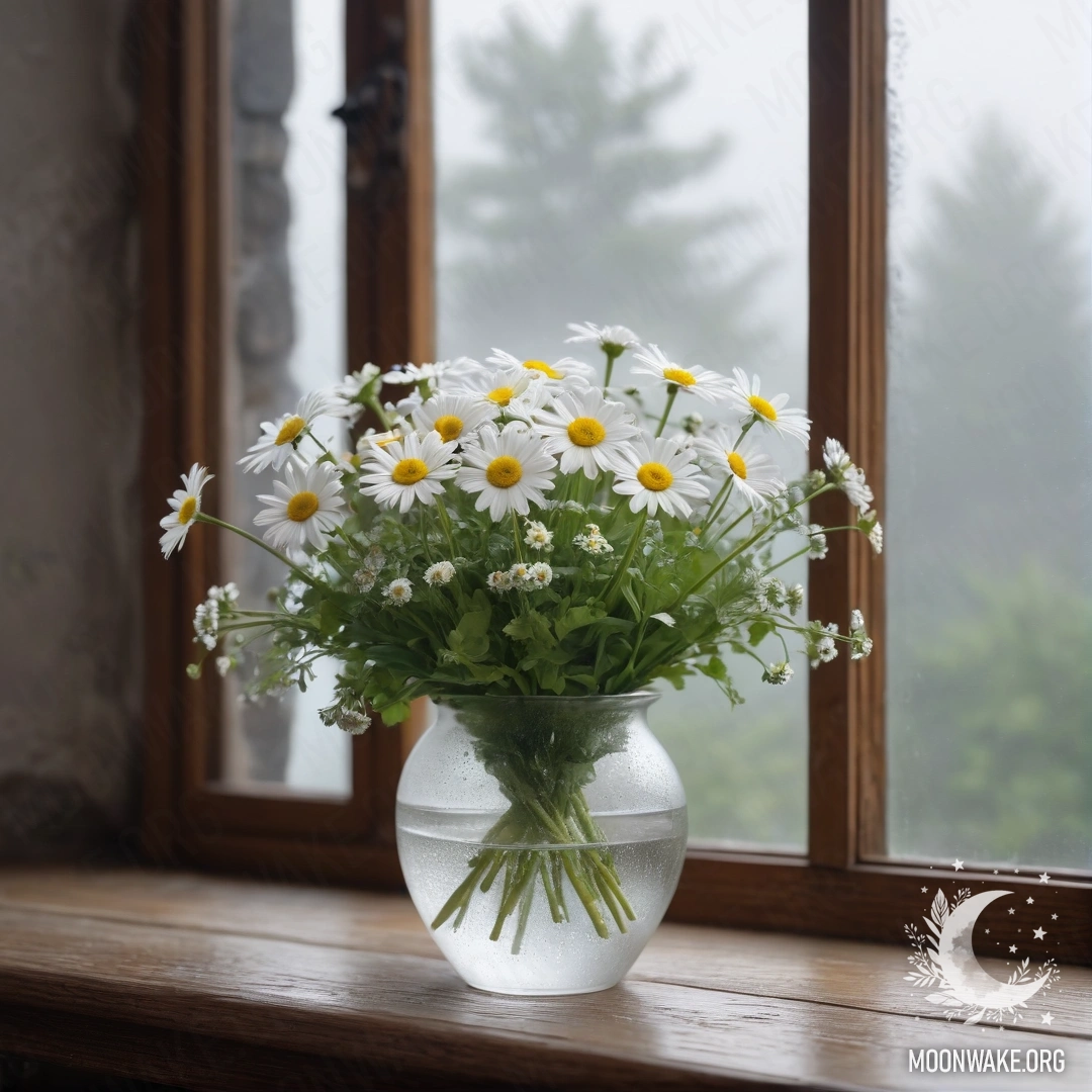 A glass vase with daisies on a wooden vintage windowsill in heavy fog.