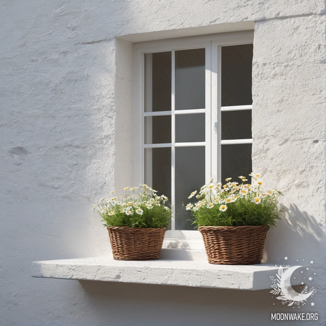 A minimalist scene featuring a white stone wall, an open window, and a basket of daisies catching the sun rays.