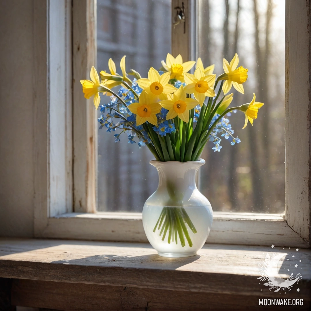 A shabby wooden window sill with a white porcelain vase containing daffodils and forget-me-nots, illuminated by sunlight.